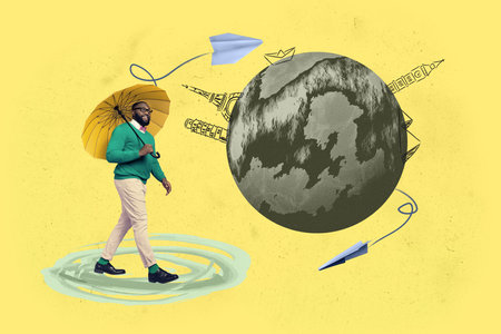 Poster image sketch full 3d collage of happy girl guy stand earth map france england rome travel...