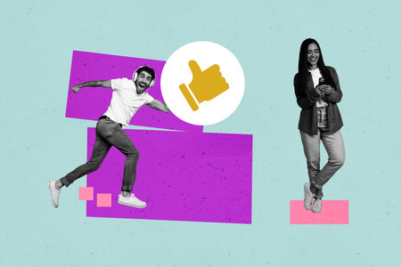 Composite art 3d creative image collage of happy girl guy receive thumb-up reaction social media...