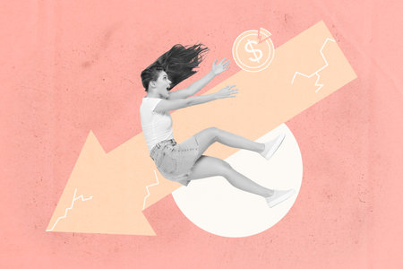 Collage of shocked young woman man reacting to financial loss with dollar signs and broken downward arrowの写真素材