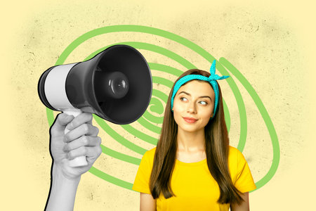 Composite trendy magazine photo collage of happy girl guy stand hand hold megaphone disinformation hypnosis propaganda fake newsの写真素材