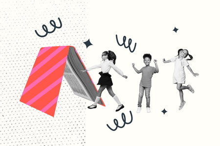 Sketch trend artwork montage 3D photo collage of open book three small young girl walk university academic autumn back class copyspaceの写真素材