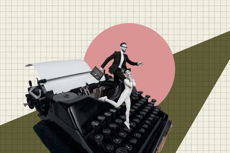 Image poster collage of people stand run big type machine on khaki backgroundの写真素材