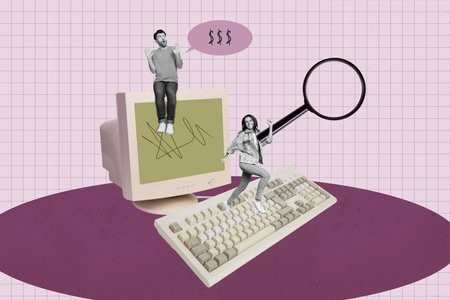 Creative pop poster sketch art collage of happy business girl guy run pc monitor keypad hold...