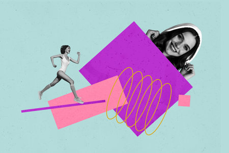 Trend image full art photo collage of happy girl guy stand bubble communication dialogue geometric figure doodle chatterboxの写真素材