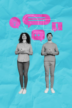 3d sketch image vertical collage of happy girl guy hold phone send message networking bubble light...