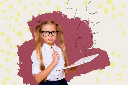 Template collage design trend artwork 3D sketch of nerd pupil school season september young school age girl hold pen write copybook thinkの写真素材