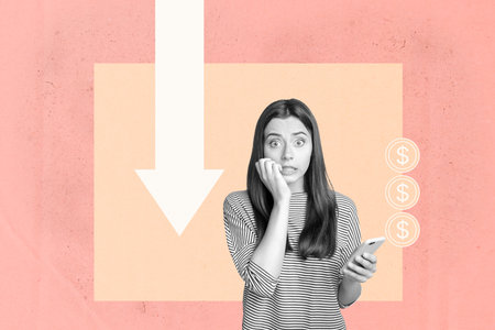 Collage of shocked young woman man reacting to financial loss with dollar signs and broken downward...