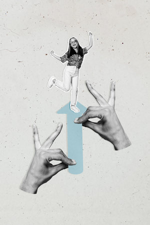 Sketch image trend artwork montage photo collage of hand hold arrow show way young lady stand smile business graphics goal target chartsの写真素材