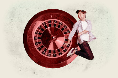 Art image full 3d photo collage of happy girl guy stand roulette table casino game winning tournament poker player addictionの写真素材