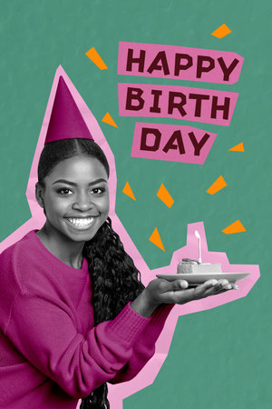 Trend artwork collage template sketch of young lady excited hand hold cupcake present happy birthday...