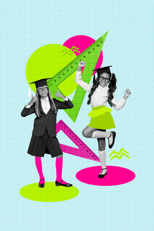Trend template sketch design photo collage of two friends smile thumb like ruler triangle academic...