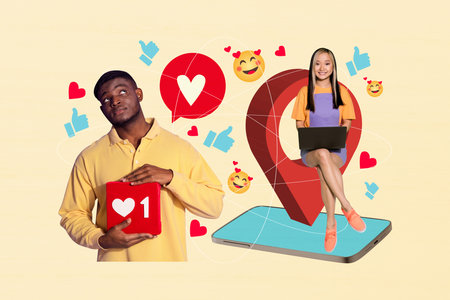 Design photo collage of young man hold like banner lady smile type laptop smartphone dispaly...