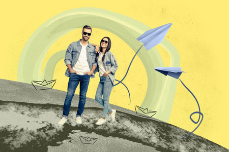 Exclusive pop creative collage of happy girl guy stand map port paper boat plane arrival destination...