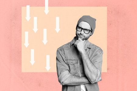 Collage of shocked young woman man reacting to financial loss with dollar signs and broken downward arrowの写真素材