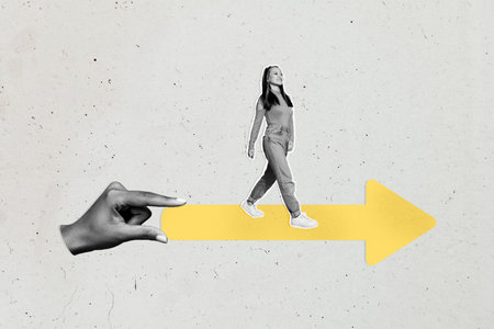 Composite artwork 3D photo collage trend template of management hand hold arrow goal aim road route plan young woman walk confidentの写真素材