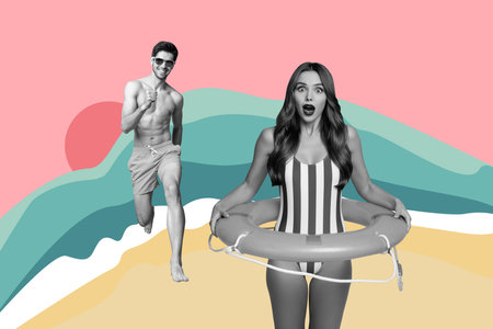 Trend artwork composite banner 3D photo collage of couple young lady man walk beach hold float ring holiday rest beach summertime vacationの写真素材