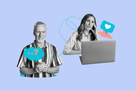 Pop full retro 3d magazine collage image of happy girl guy hold laptop blogger like icon heart bubble communication speechの写真素材