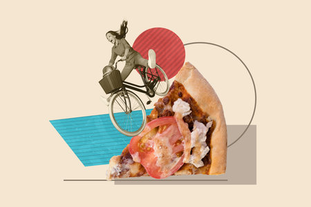 Composite sketch image design trend artwork collage of hungry dinner cuisine nutrition pizza fastfood young lady ride bike funny travelの写真素材