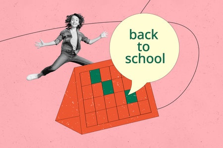 3D collage design composite trend artwork sketch of calendar schedule young boy jump back to school message season september student studyの写真素材