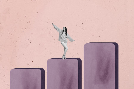 Collage of cheerful person standing on top of growing bar graph symbolizing business progress statistics positive success growthの写真素材