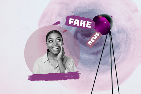Pop art collage of person stand near lamp with fake news on purple backgroundの写真素材