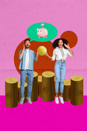 Creative 3D photo collage trend artwork template of family lady man hand hold coins pig box save economy dollars trade savings moneyの写真素材