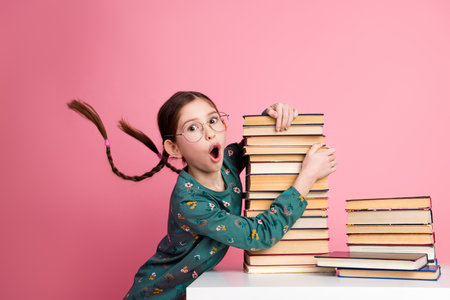 Excited young girl with glasses and braided hair holding a stack of book against a vibrant pink backgroundの写真素材