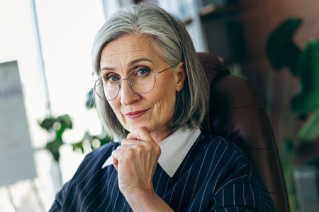 Confident mature businesswoman seated in a stylish office environment wearing elegant formal attire...