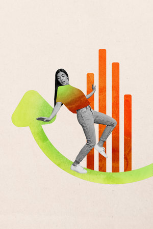 Poster trend collage of person stand arrows with charts graphs on pastel backgroundの写真素材