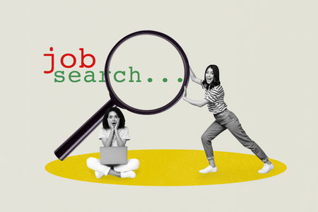 Composite trendy magazine photo collage of two happy girls candidate vacancy search magnifier lens employment concept joblessの写真素材