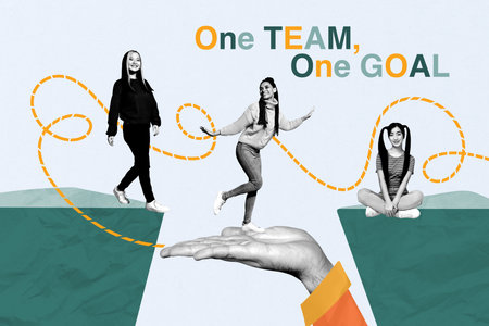 Trend artwork creative sketch 3D photo collage of teamwork business collaboration three young lady one team one goal sit walk hand supportの写真素材