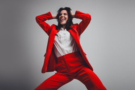 Confident businesswoman in red suit joyfully expressing success and positivity against a neutral backgroundの写真素材