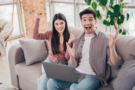 Delighted Young Couple Celebrating Success at Home with a Laptop on a Sofa in a Cozy Living Room Interiorの写真素材