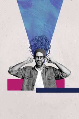 trend banner collage of person close ears with messy lines confusion head on grey background