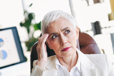 A thoughtful mature businesswoman in a formal office setting exuding professionalism and eleganceの写真素材