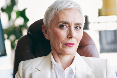 Confident senior businesswoman in white formalwear sitting in office chair, showcasing elegance and professionalismの写真素材
