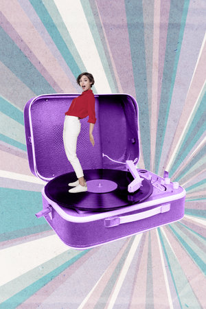 3d sketch image vertical collage of happy girl guy stand vinyl disk celebration event player retro music celebration holidayの写真素材