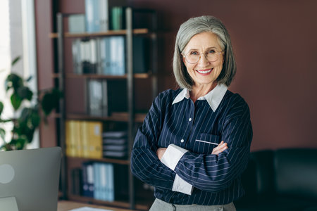 Confident mature businesswoman wearing elegant formalwear standing in a stylish office with arms...
