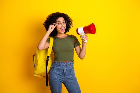 Young woman cheerfully holding a megaphone against a vibrant yellow background, showcasing charming style and positivityの写真素材