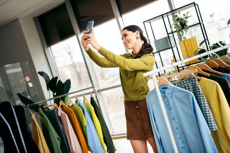 Starting a small businessp professional fashion designer taking a selfie in her vibrant atelier with...