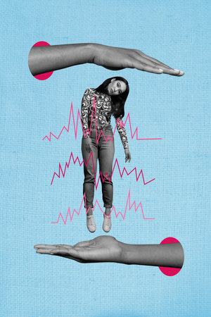 3D photo collage template artwork sketch of heart rhythm mind pressure depression stress therapy two hand hold between young broken ladyの写真素材