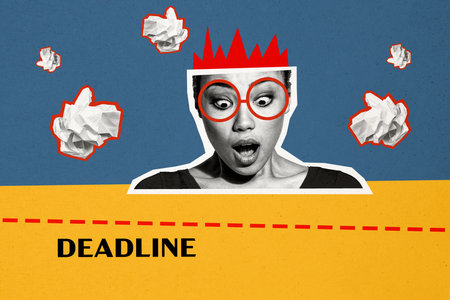 Composite creative art collage of astonished girl open mouth wear glasses crumpled paper workload deadline isolated on painted backgroundの写真素材