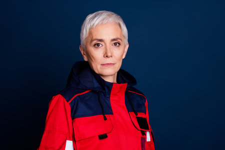 Photo of nice senior woman calm face smile wear uniform paramedic doctor help isolated on dark blue color backgroundの写真素材