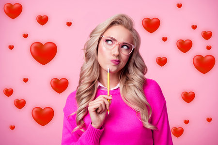 Photo of minded pensive girl wear stylish clothes pencil touch face chin hmm ponder look empty space isolated on pink color backgroundの写真素材