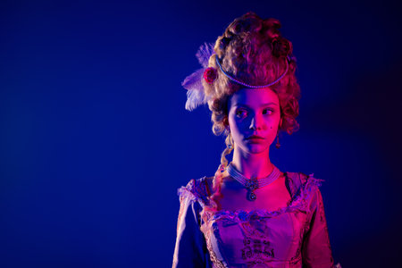 Photo of sweet attractive lady dressed baroque costume looking copy space isolated pink neon color backgroundの写真素材