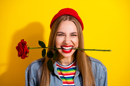 Cheerful young woman wearing casual denim outfit and red beanie, holding a red rose in her teeth, against a bright yellow background.の写真素材