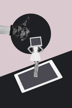 Creative art collage of person with computer face hand fine sign on pink backgroundの写真素材