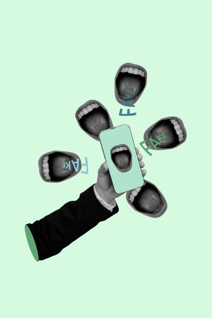 Composite 3D photo collage design trend sketch of hand hold smartphone display mouth open scream...