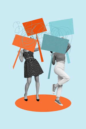 Vertical sketch 3d artwork collage poster of two anonym girls hold picket feminism power demonstration strike rights diversityの写真素材