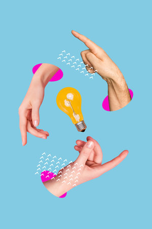 Creative abstract collage of human fingers hands circle round light bulb